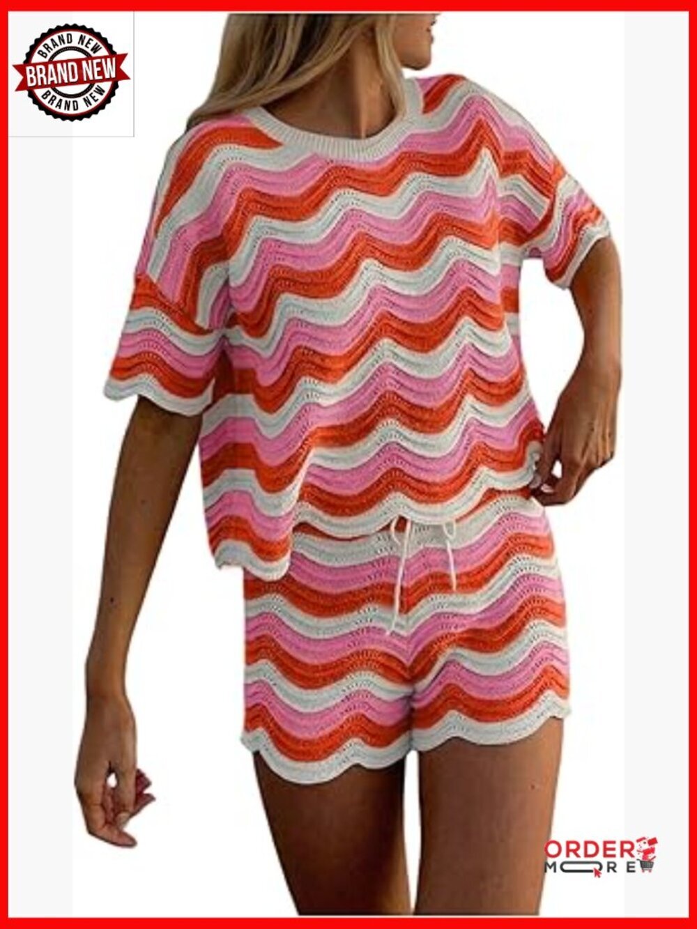 2 Piece Beach Cover Up Set Crochet Knit Short Sleeve Top Wide Leg Shorts Boho